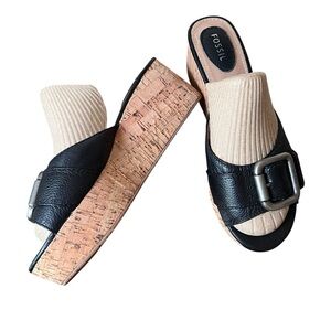Fossil Malea Black Leather Cork Platform Wedge Sandals Y2K Chunky Slip-on Sz 9